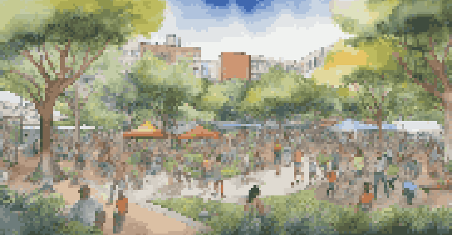 A vibrant mural in a park created by community artists, surrounded by people and nature.
