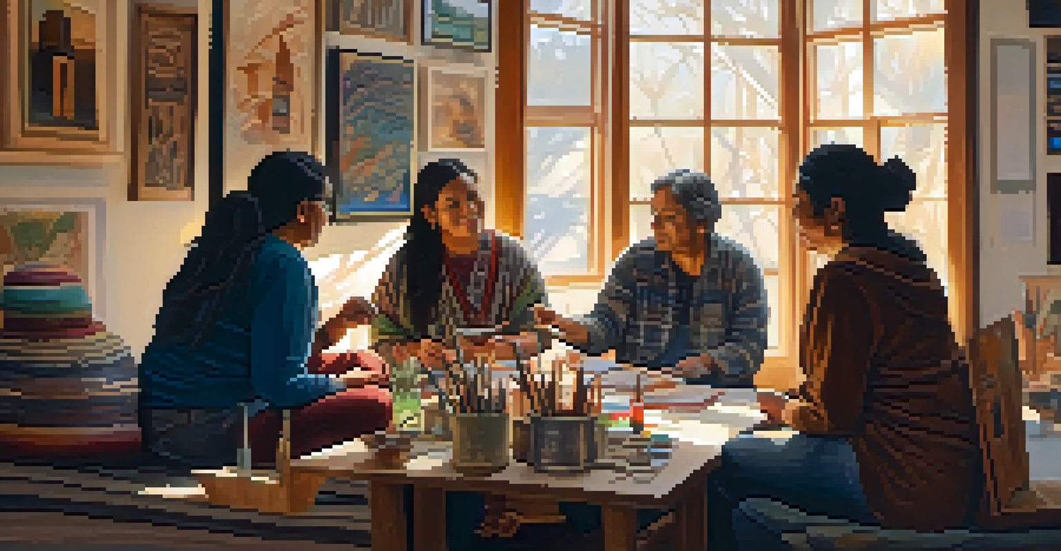 Indigenous artists gathered in a cozy studio, discussing their artwork among art supplies and finished pieces, with warm light creating a welcoming atmosphere.