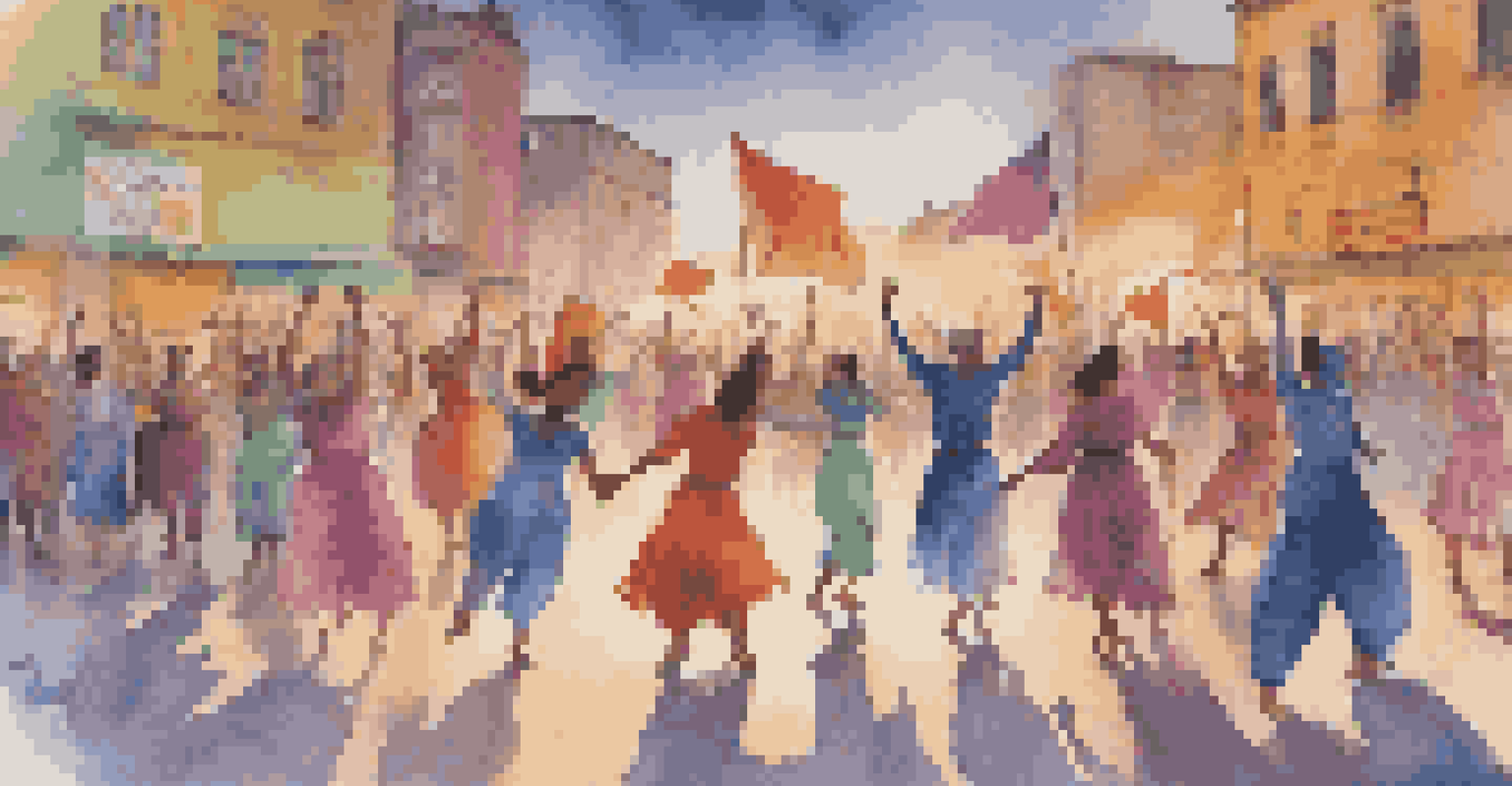 A group of dancers in colorful costumes performing a choreographed dance in a public square, conveying a message against violence.