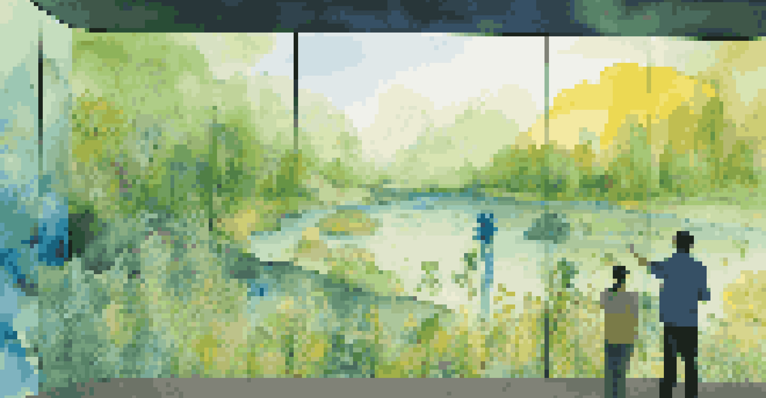 An interactive digital art installation with animated visuals of nature being restored, with people engaging with the artwork.