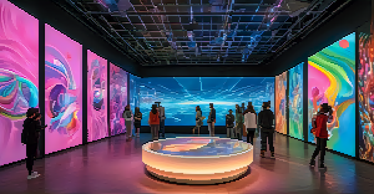 Visitors experiencing a futuristic VR art exhibition with changing AI-generated art based on their interactions.