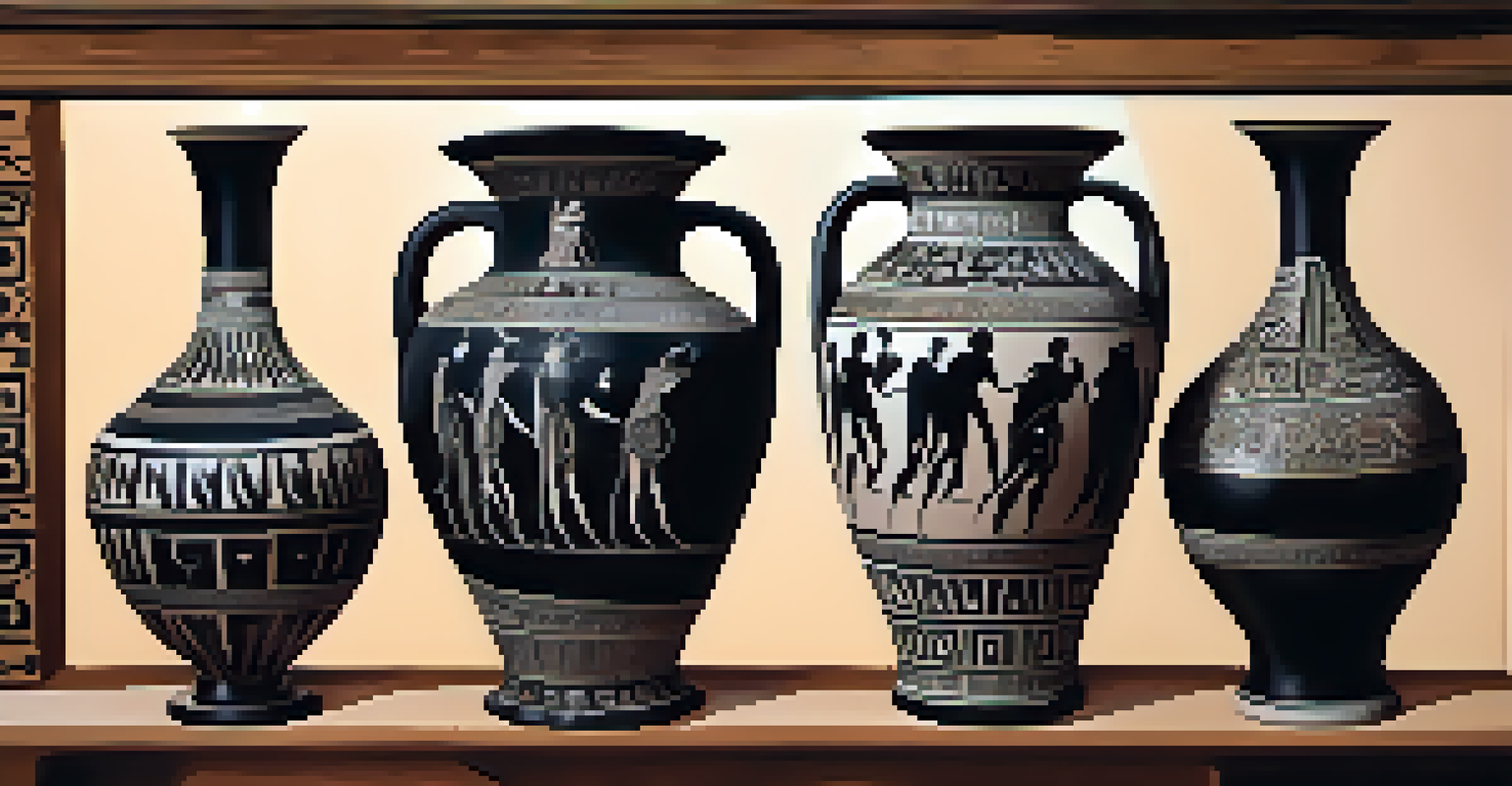 An elegant Greek vase with detailed black-figure designs on a wooden table, softly lit by natural light.