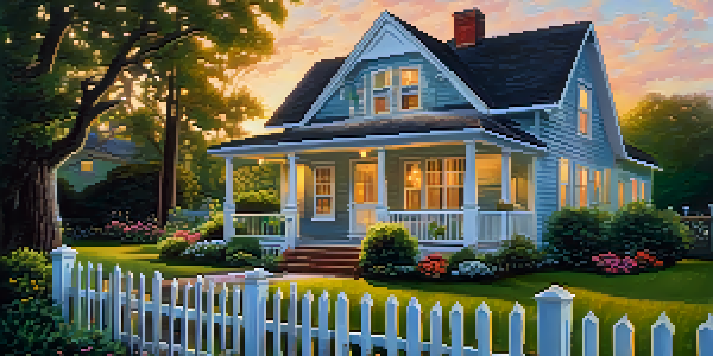 A warm sunset illuminating a nostalgic childhood home with flowers and a picket fence.