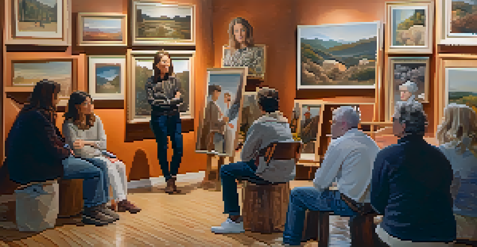 An artist sharing their story through artwork in a cozy gallery, with a warm atmosphere and attentive audience.