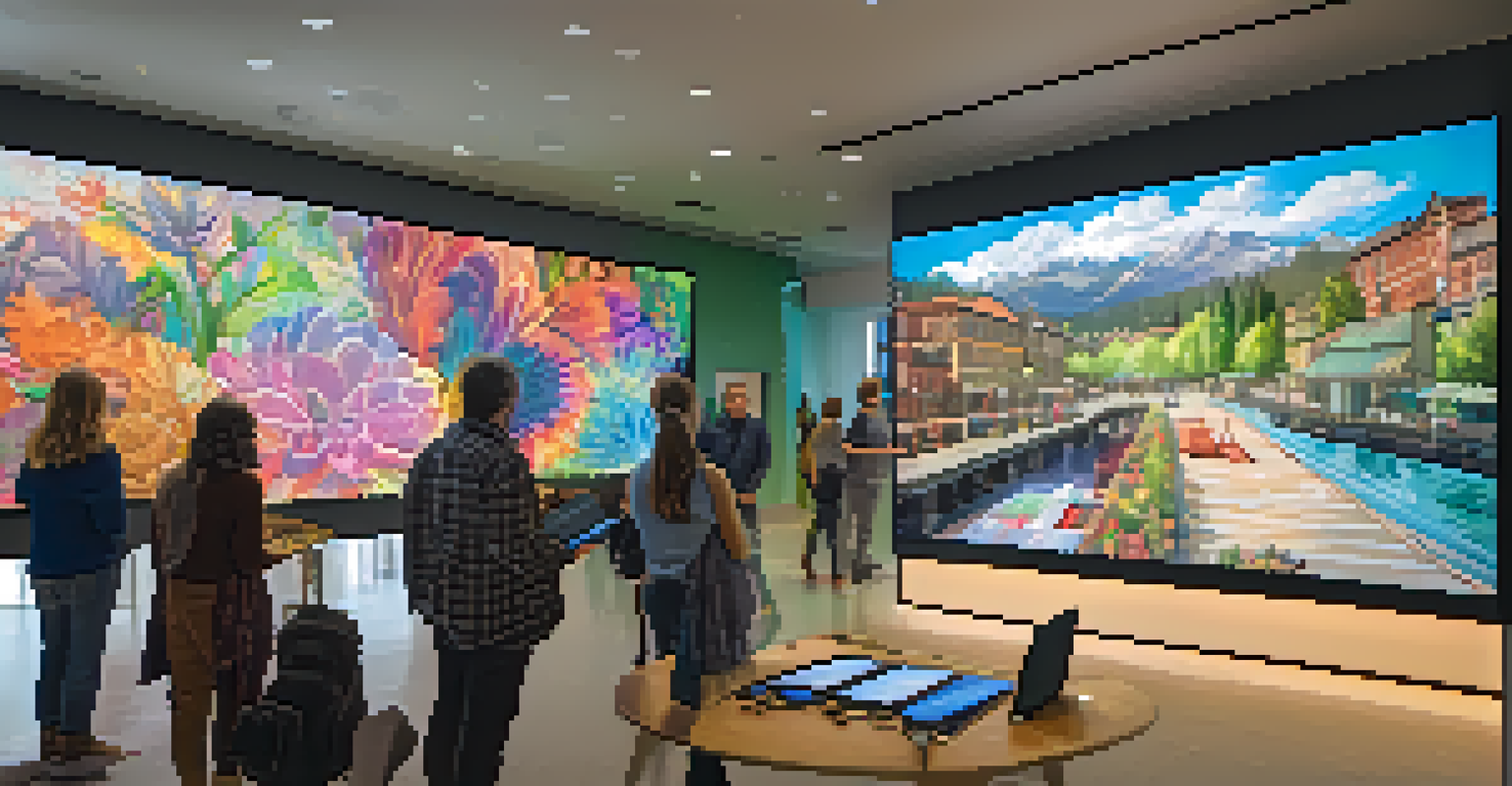 A vibrant digital art showcase in a community center with people admiring artworks displayed on a large screen.