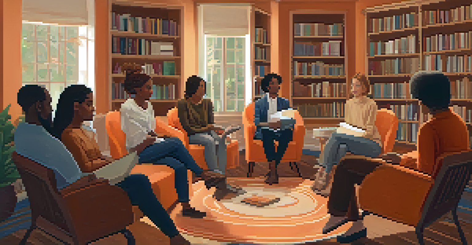 A cozy literary event with diverse authors discussing gender identity in a softly lit room filled with books, as an attentive audience listens.