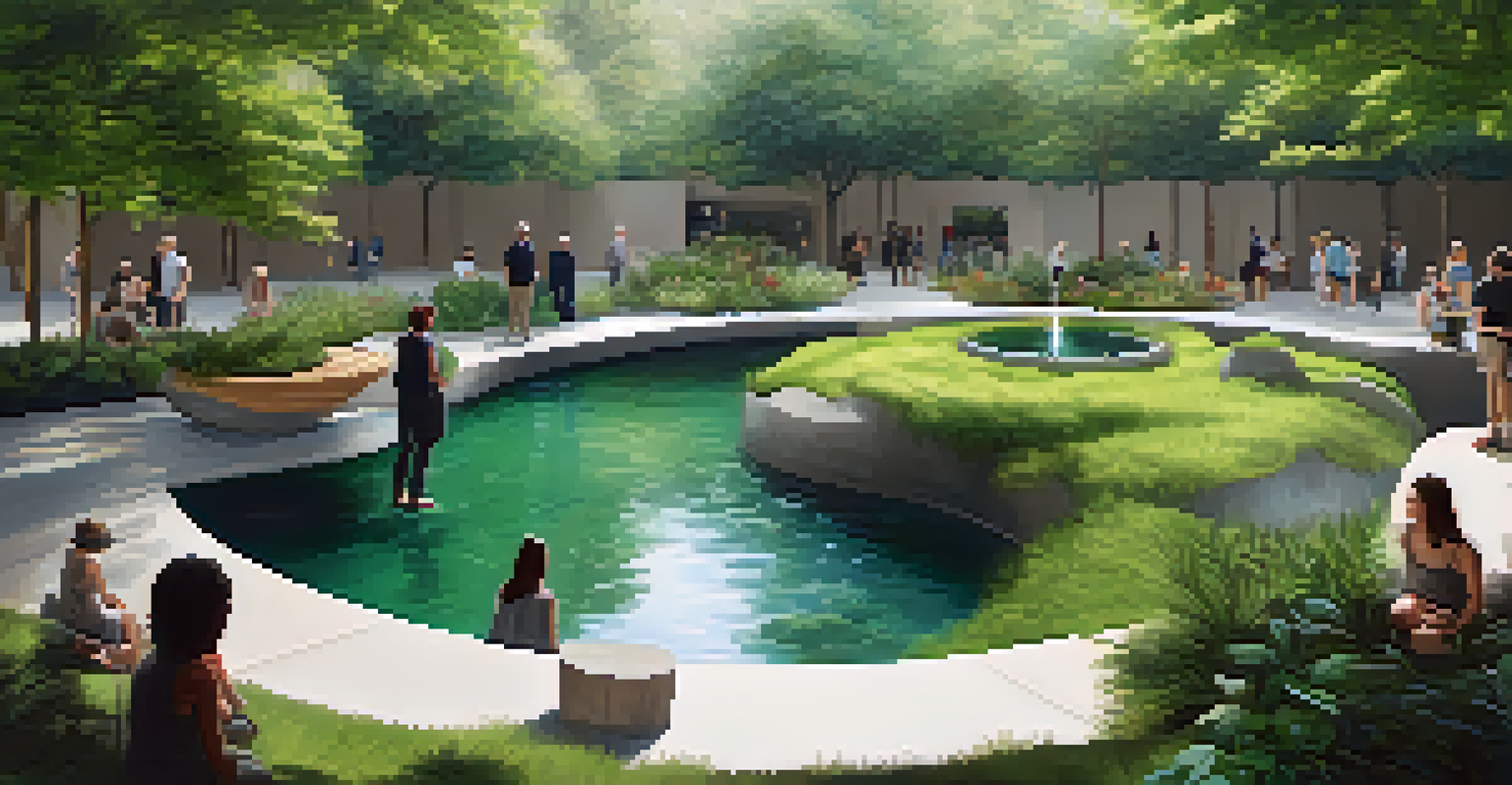 An outdoor art installation with natural sculptures and visitors interacting, surrounded by greenery and water features.