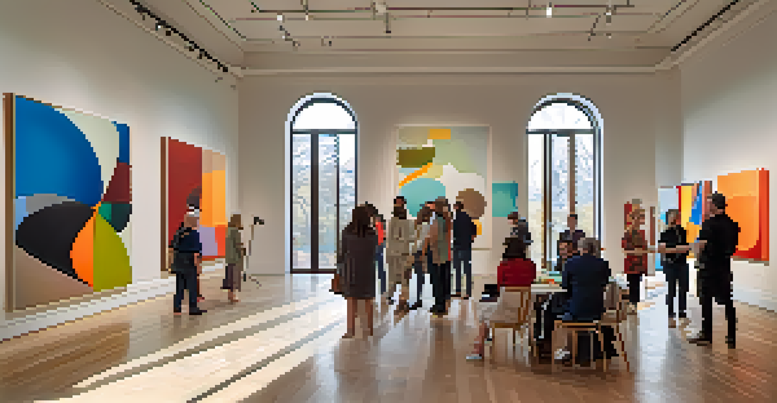 A diverse group of people engaging in discussion about an abstract painting in a well-lit gallery.