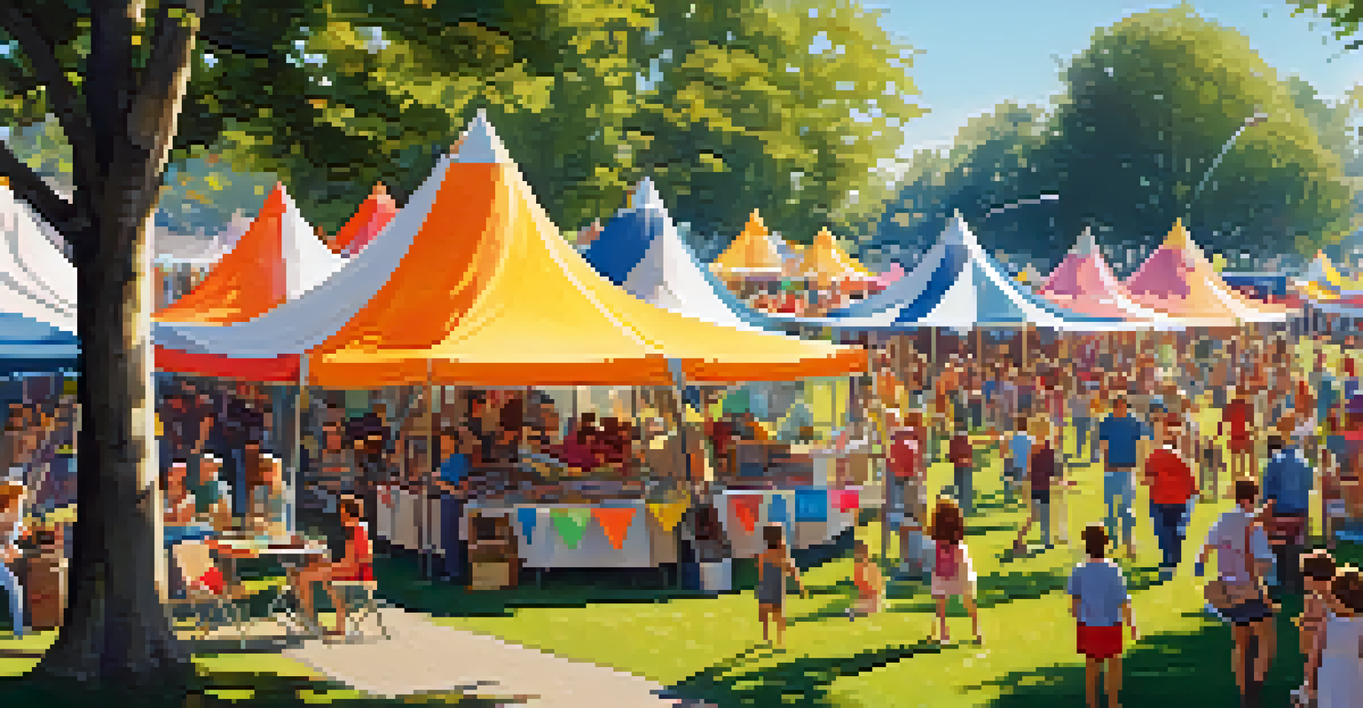 A community art festival in a park with artists, families, and children participating in various art activities under sunny skies.