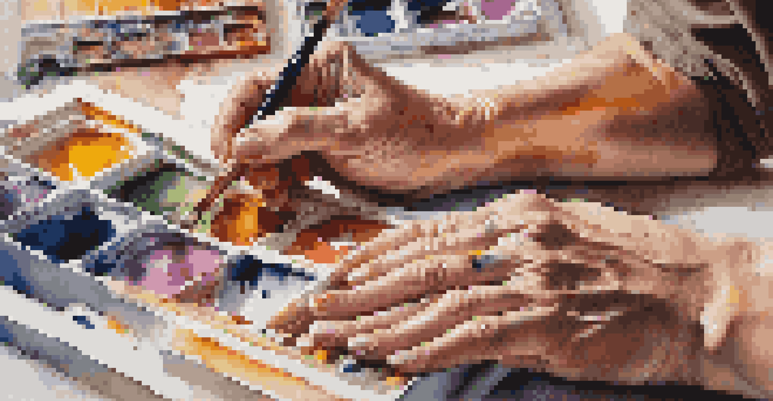 Close-up of an artist's hands painting on a canvas, with colorful paints and an artistic studio in the background.