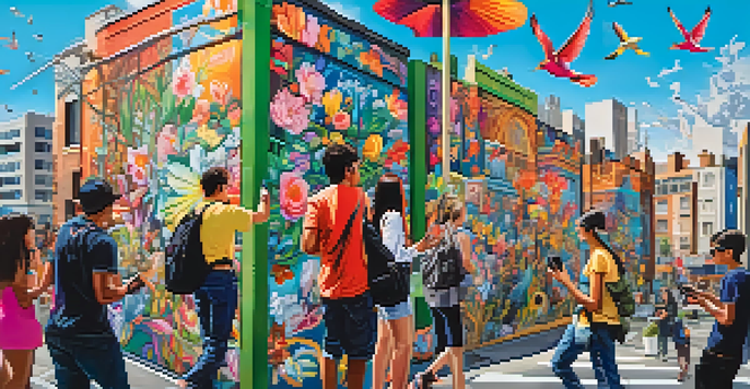A colorful urban mural with animated elements, people engaging with it through their smartphones, in a lively city environment.