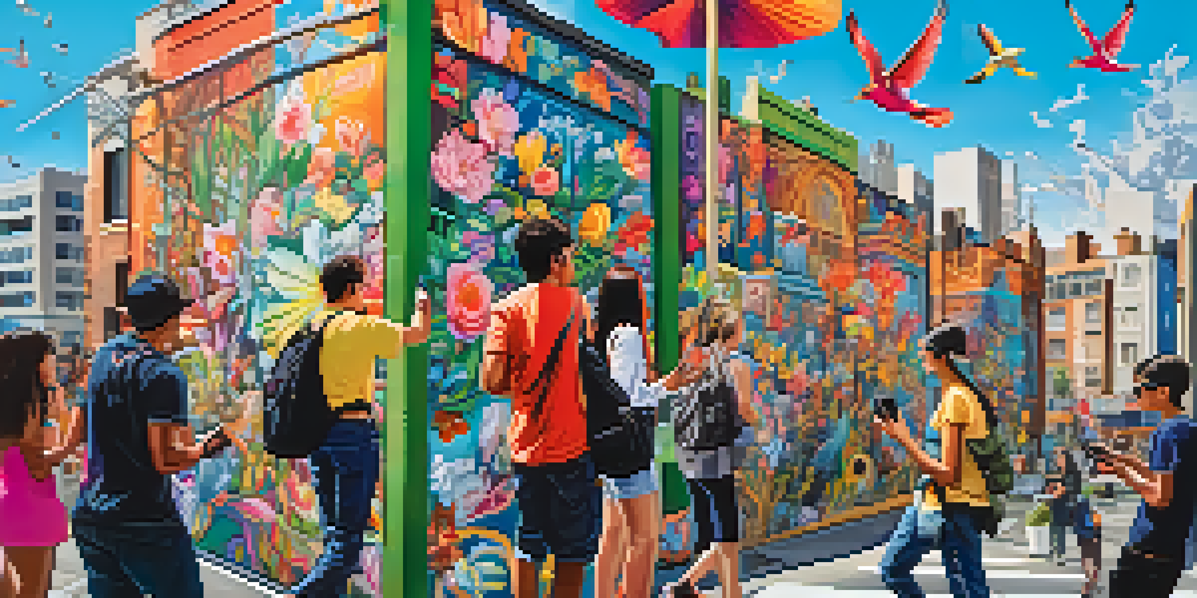 A colorful urban mural with animated elements, people engaging with it through their smartphones, in a lively city environment.