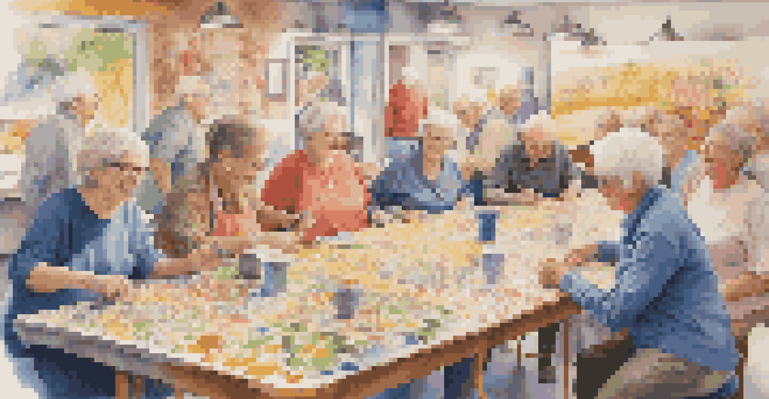 A group of older adults working together on a colorful mural, showcasing a lively community scene.