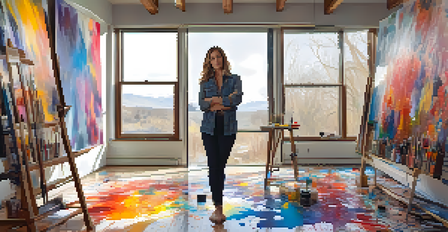 A female artist in her colorful studio, actively painting.
