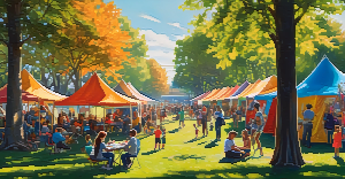 A lively community art festival in a park, featuring diverse artists and families enjoying various art activities under dappled sunlight.