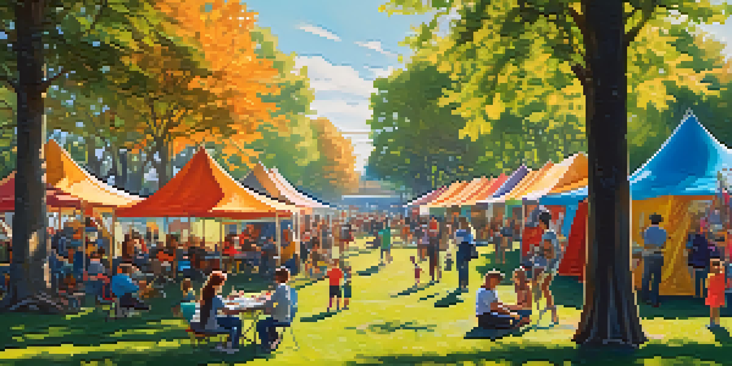 A lively community art festival in a park, featuring diverse artists and families enjoying various art activities under dappled sunlight.
