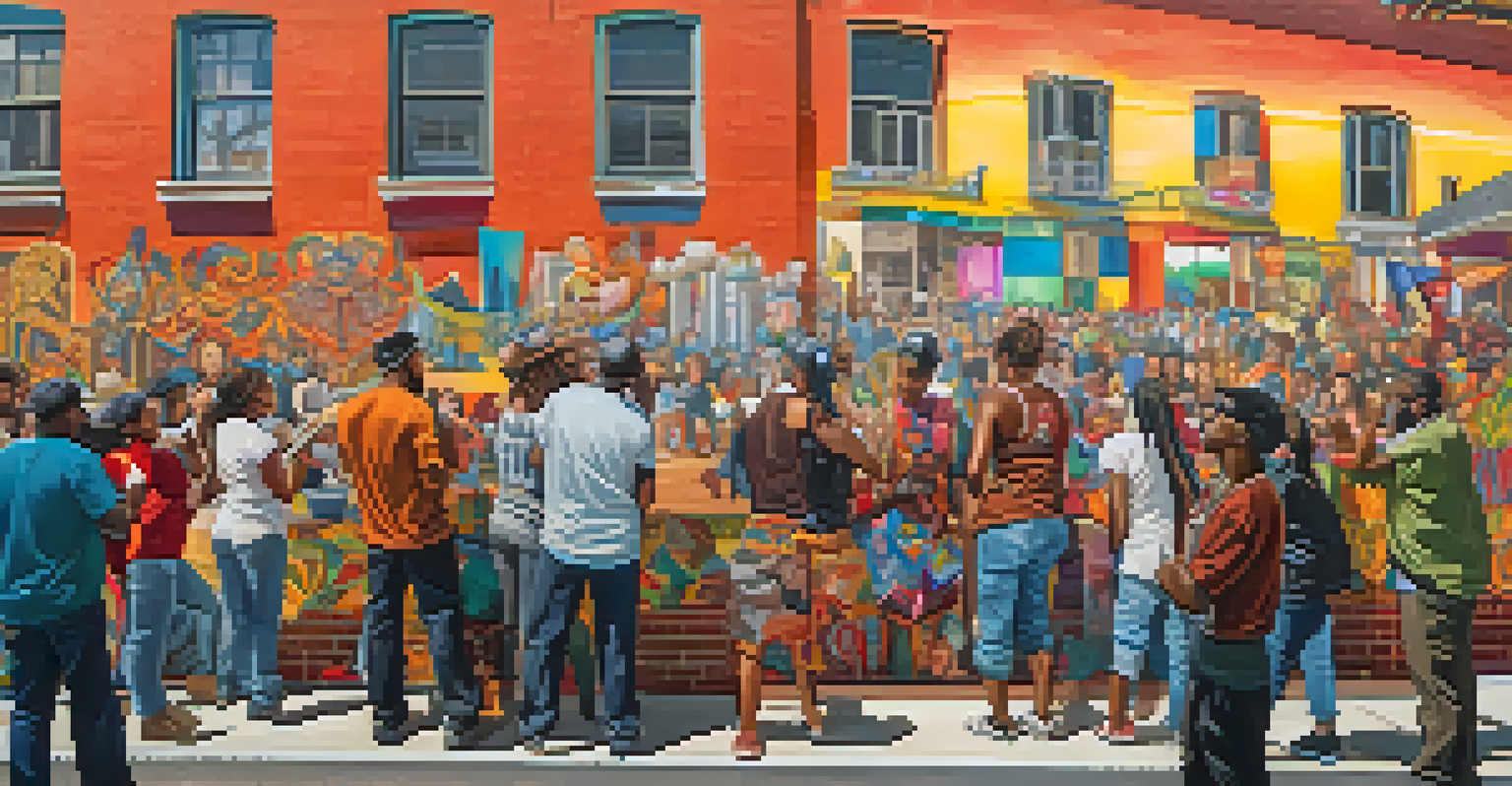 A mural artist painting a large wall with vibrant colors, surrounded by onlookers in an urban setting.