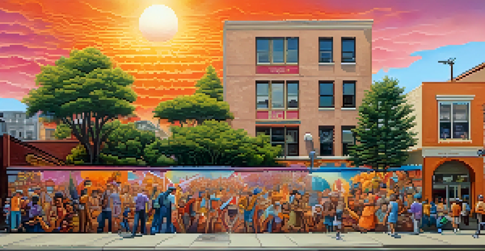 A colorful street mural illustrating a local folklore legend, set against an urban backdrop during sunset.