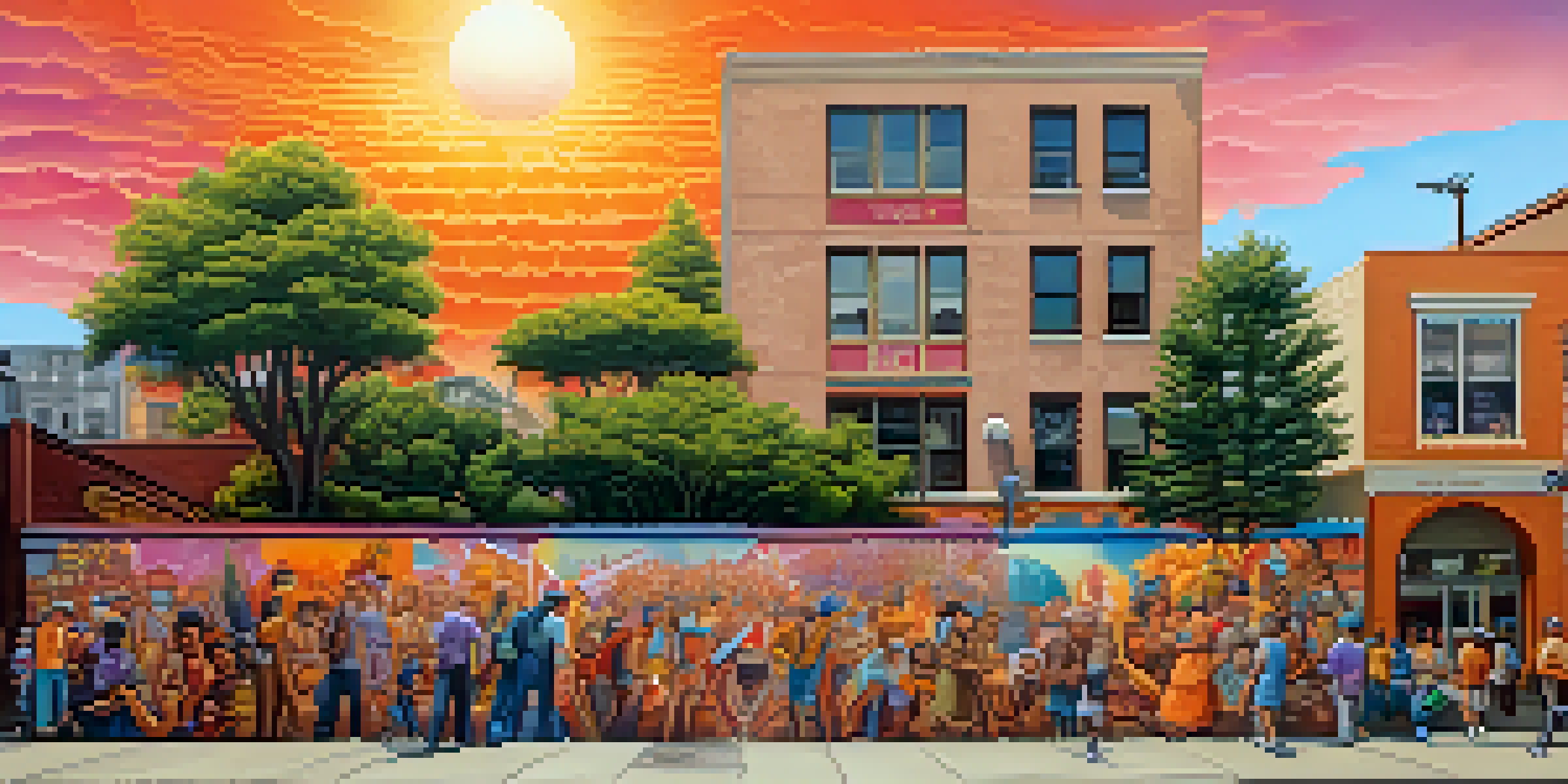 A colorful street mural illustrating a local folklore legend, set against an urban backdrop during sunset.