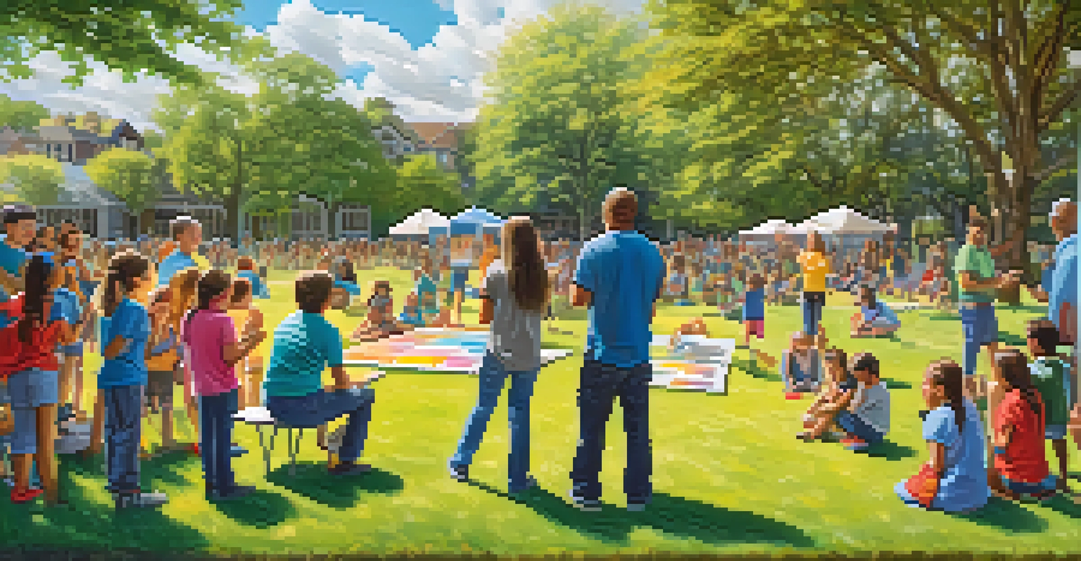 An artist paints in a park, surrounded by diverse community members joyfully participating in a collaborative art project.