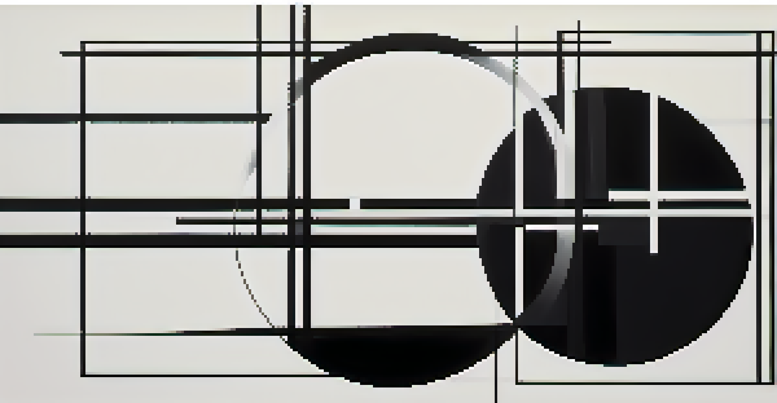 An abstract minimalist artwork with black and white geometric shapes, featuring overlapping circles and squares.
