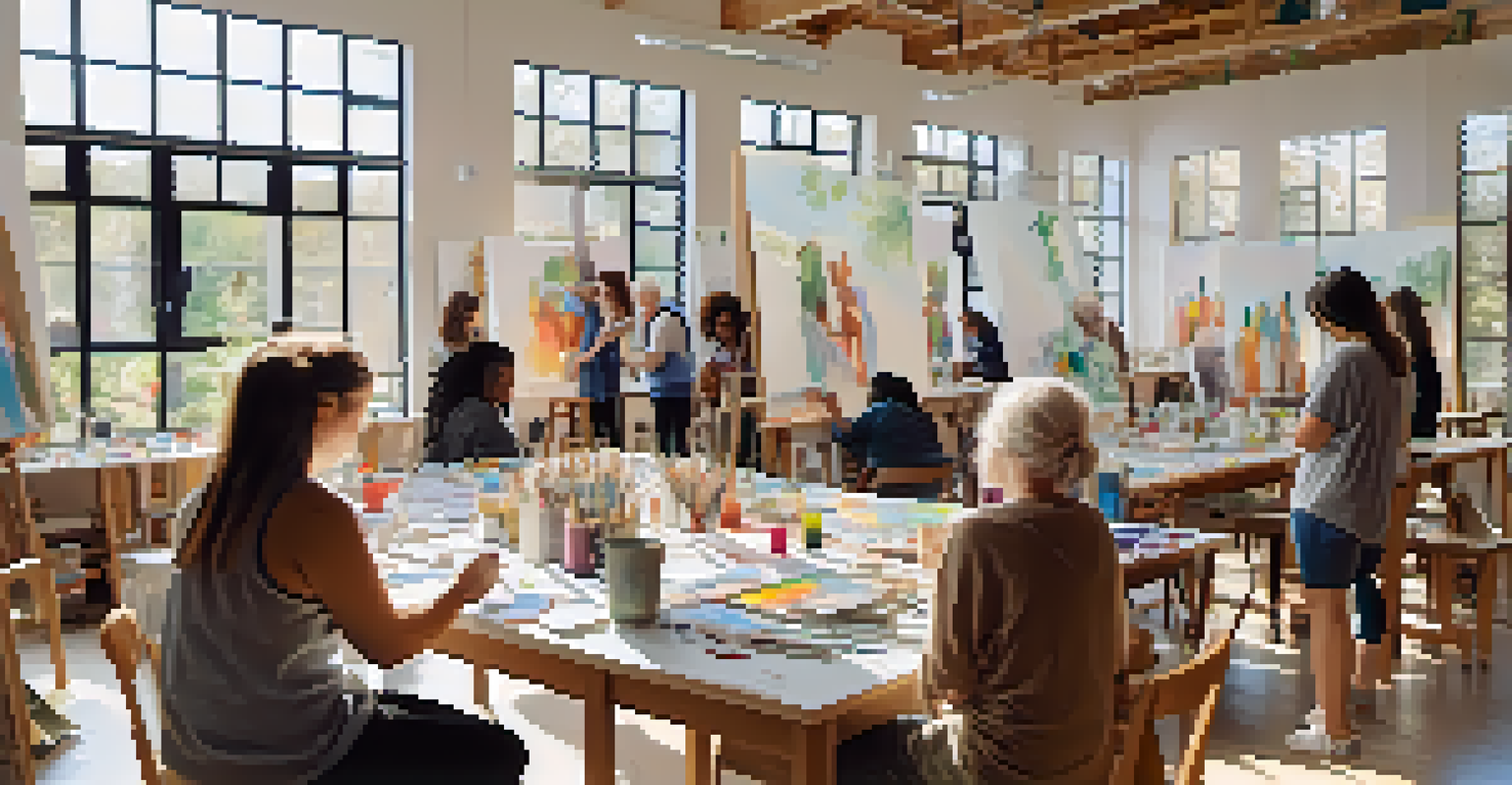 A group of diverse individuals participating in an art workshop, creating various art pieces together in a well-lit room.