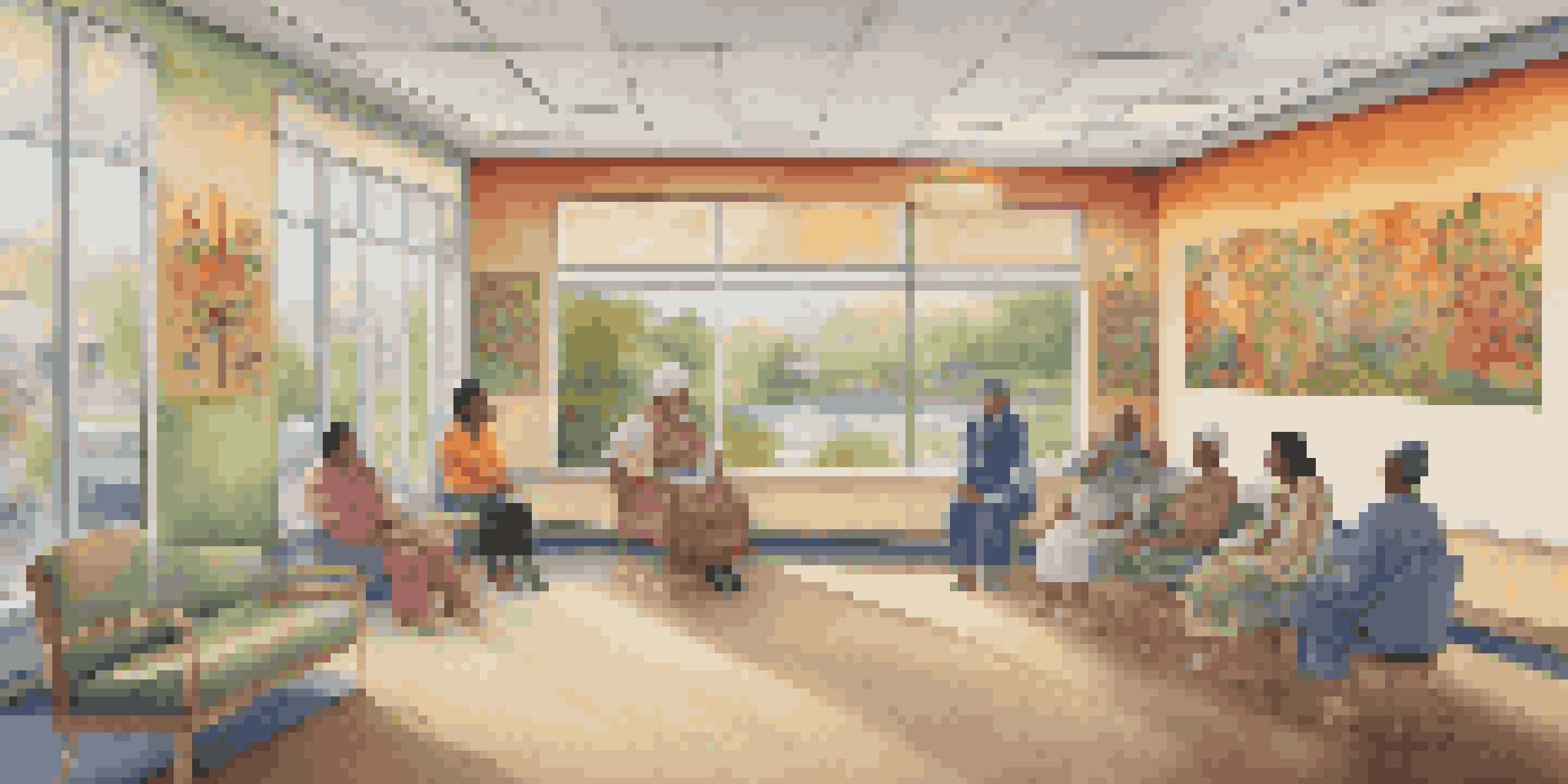 A colorful mural depicting diverse cultural narratives in a healthcare setting, with comfortable seating and natural light.