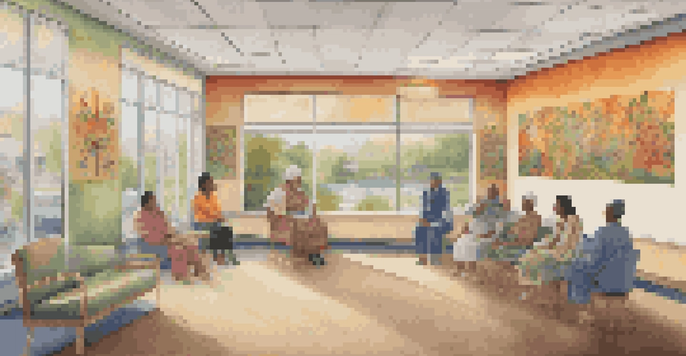 A colorful mural depicting diverse cultural narratives in a healthcare setting, with comfortable seating and natural light.