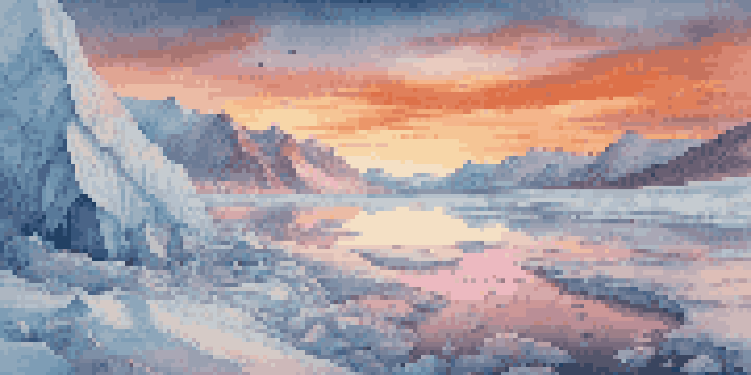 A melting glacier under a colorful sunset with people observing, expressing concern about climate change.