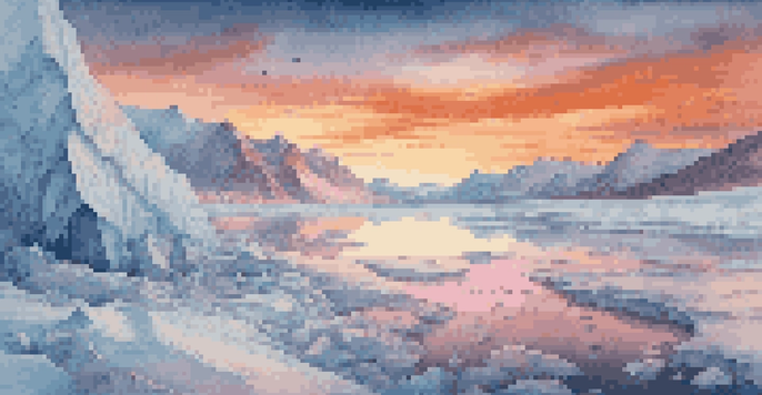 A melting glacier under a colorful sunset with people observing, expressing concern about climate change.