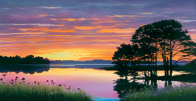 A sunset landscape with a tranquil lake reflecting orange and pink hues, framed by silhouetted trees and wildflowers in the foreground.