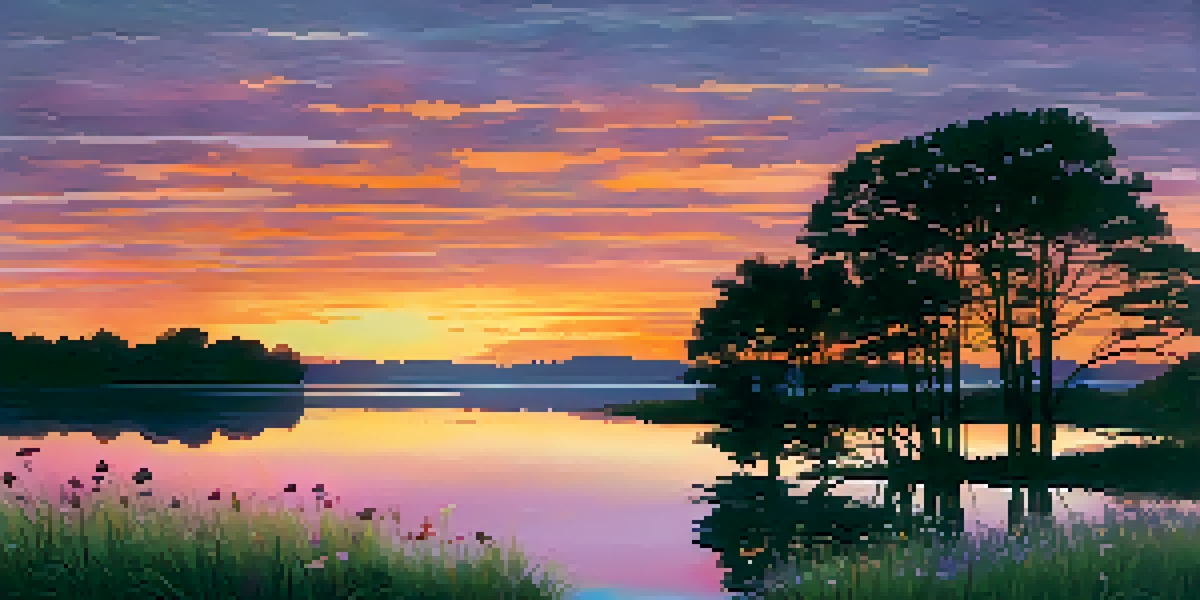 A sunset landscape with a tranquil lake reflecting orange and pink hues, framed by silhouetted trees and wildflowers in the foreground.