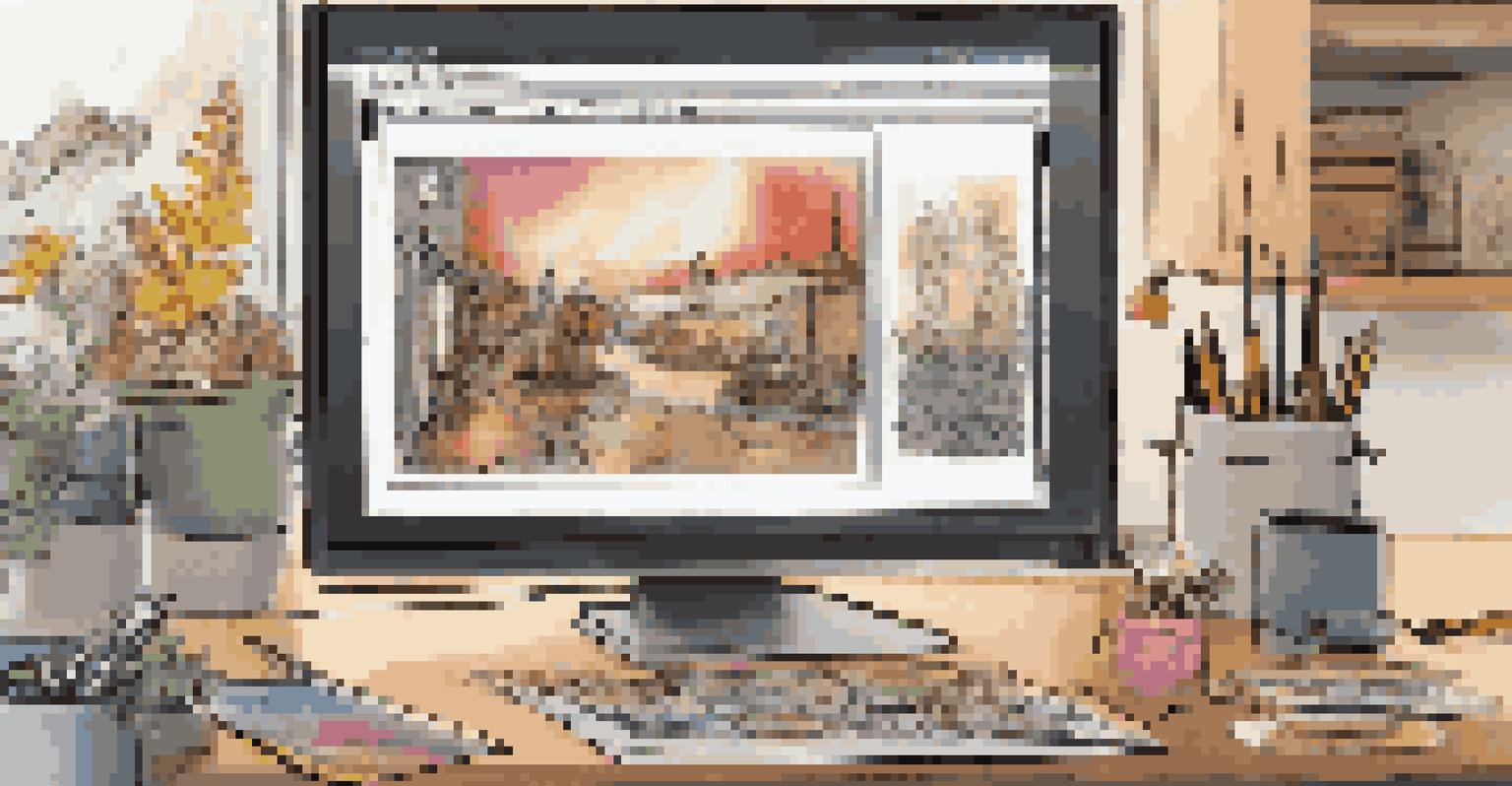 A computer screen displaying an ink drawing in progress for an online art challenge, surrounded by art supplies.