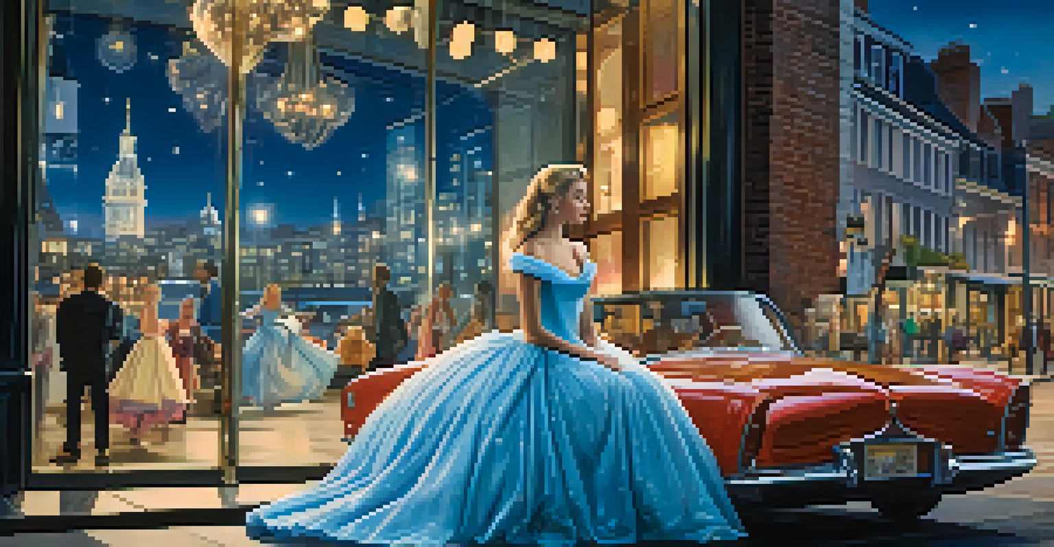 A modern Cinderella stands confidently in front of a boutique window displaying a glass slipper, with urban elements in the background.