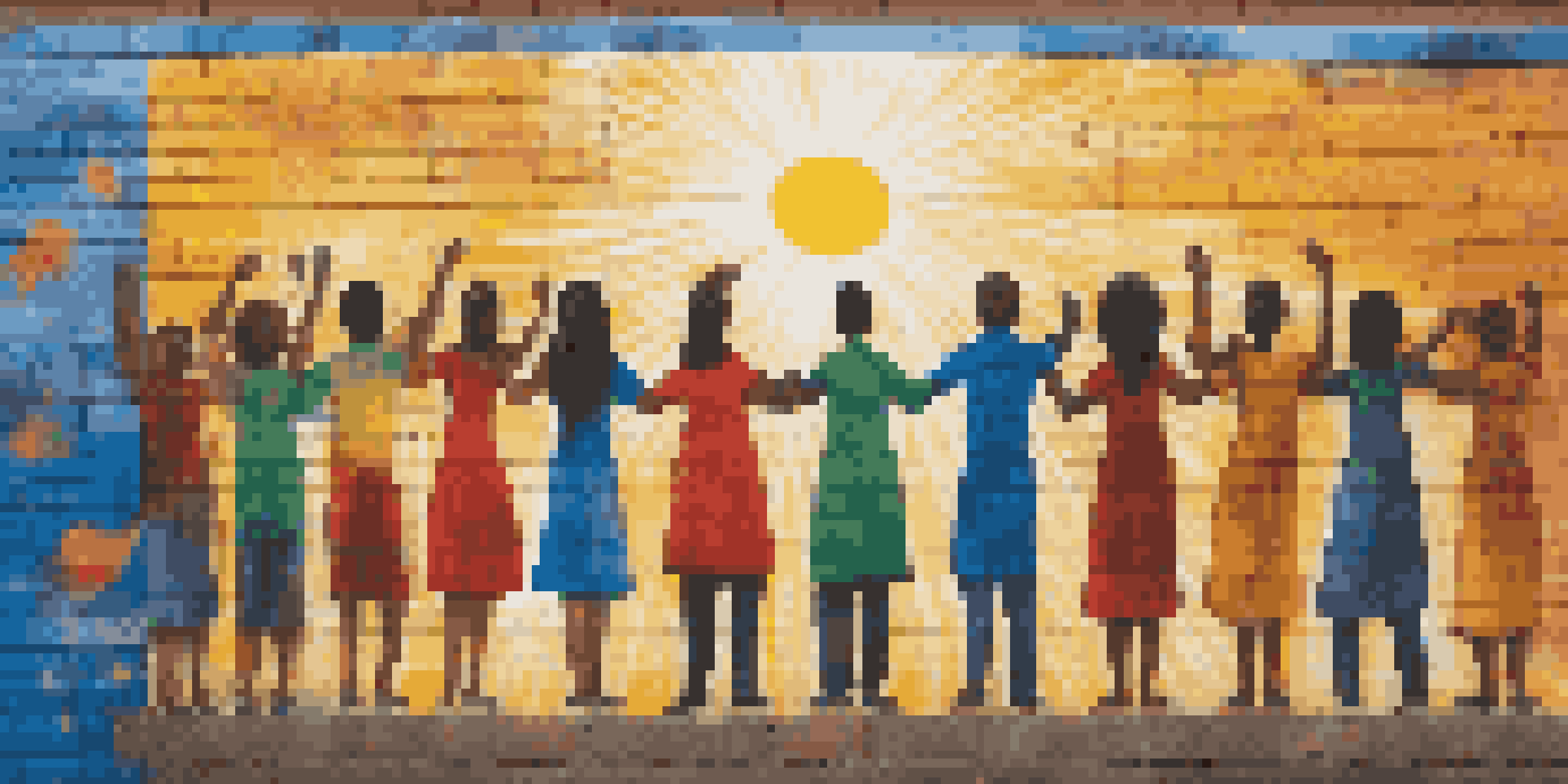 A colorful street mural showing diverse people holding hands, representing unity.
