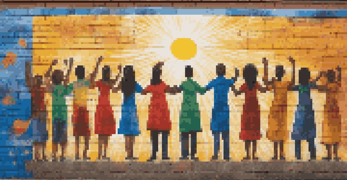 A colorful street mural showing diverse people holding hands, representing unity.