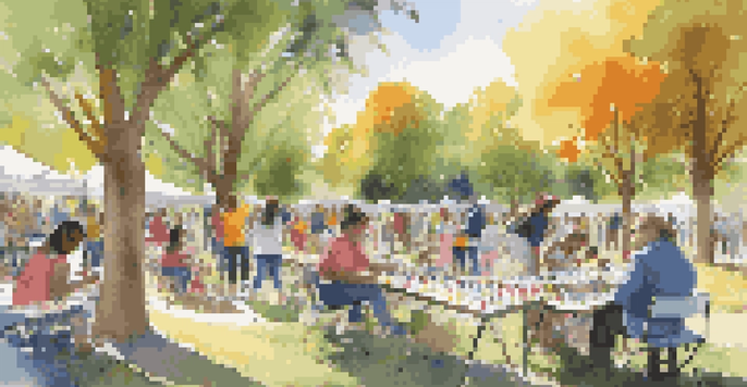 A community art workshop with diverse artists and participants engaging in creative activities in a sunny park.