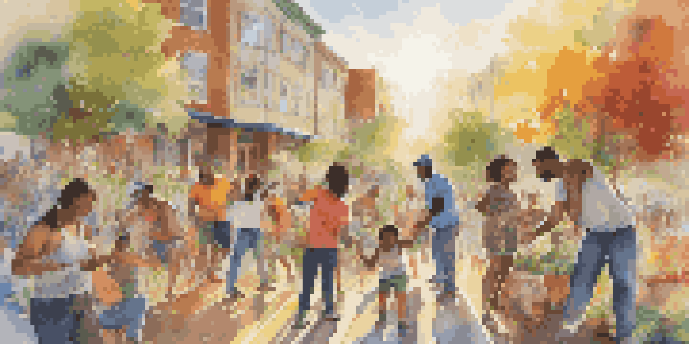 A community mural illustrating collaboration among diverse individuals, with bright colors and sunlight enhancing the scene.