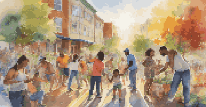 A community mural illustrating collaboration among diverse individuals, with bright colors and sunlight enhancing the scene.