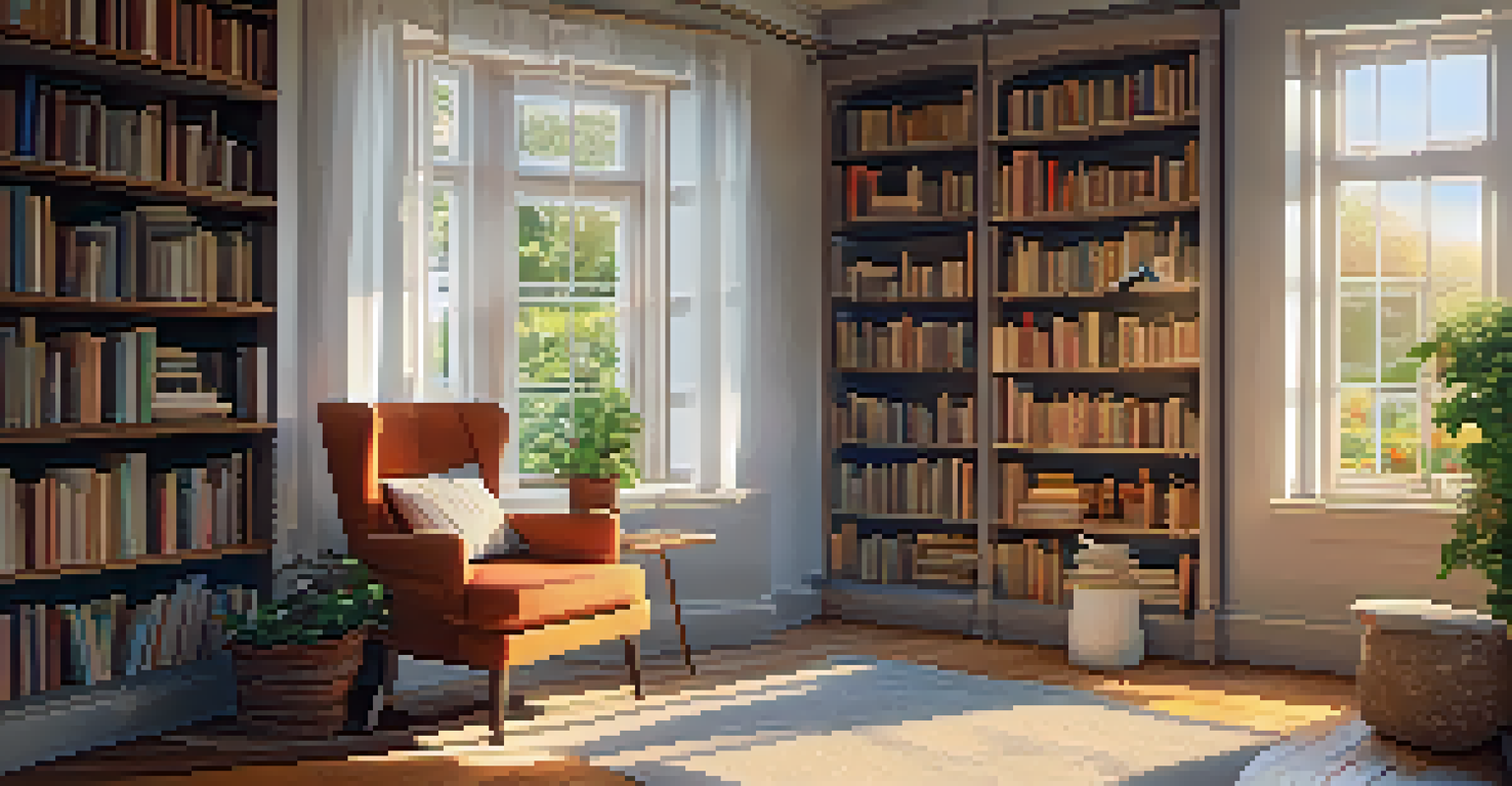A cozy reading nook with an armchair, a bookshelf, and a cup of tea, bathed in sunlight from a nearby window.