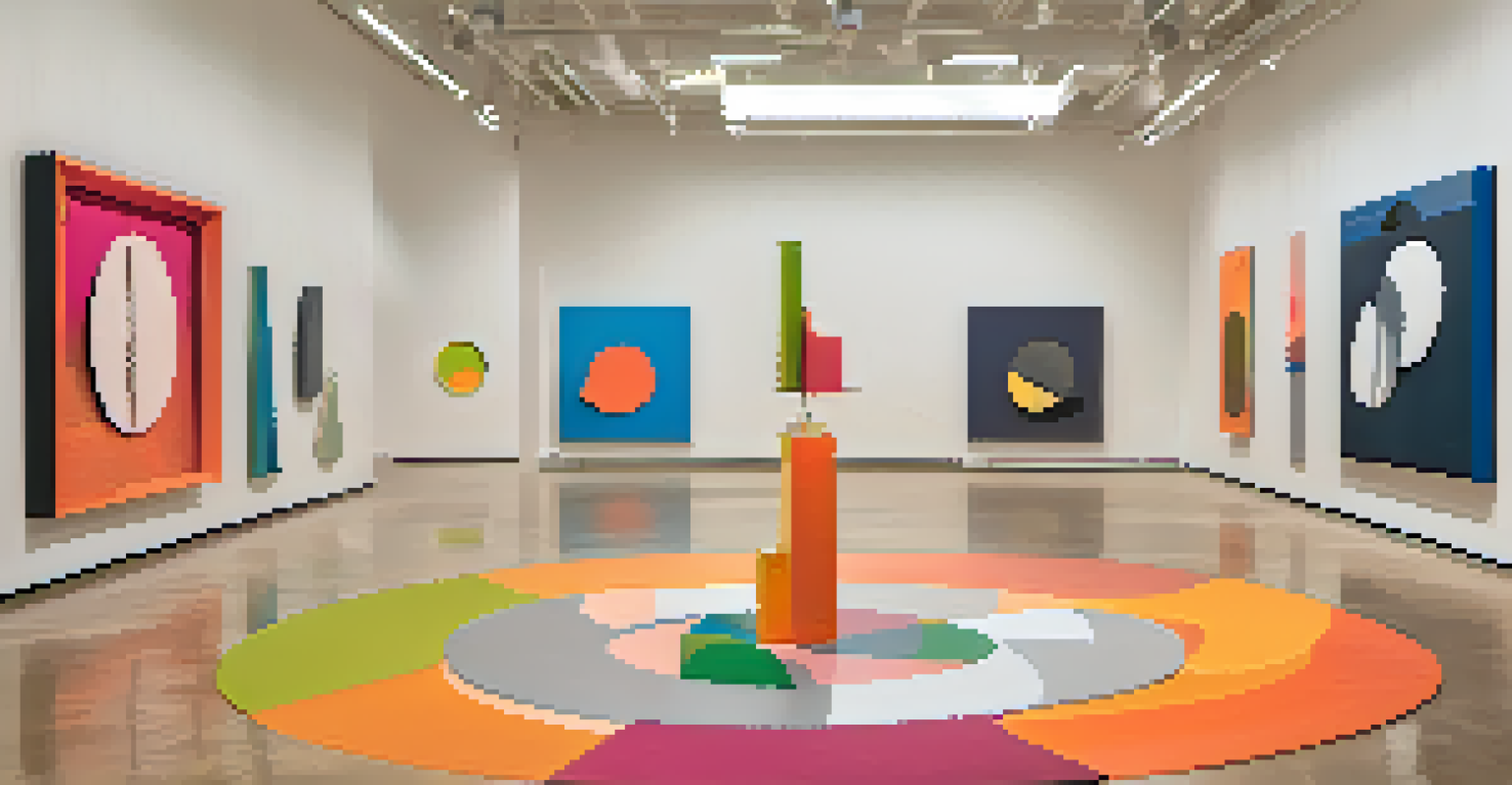 An interactive installation with abstract sculptures representing disability, arranged in a circular layout with bright lighting.