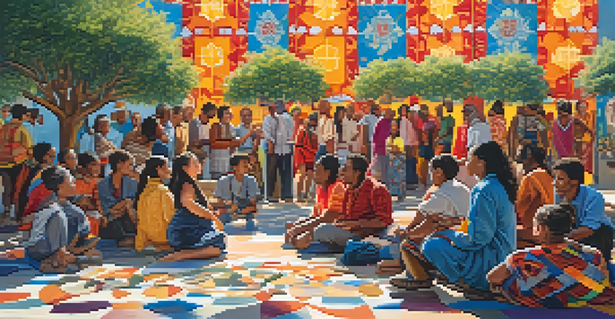 A colorful mural showing a diverse group of people in conversation, surrounded by vibrant cultural patterns.