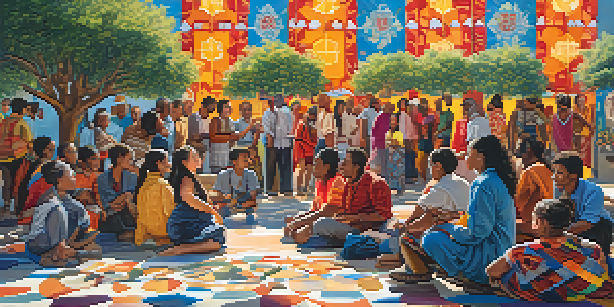 A colorful mural showing a diverse group of people in conversation, surrounded by vibrant cultural patterns.