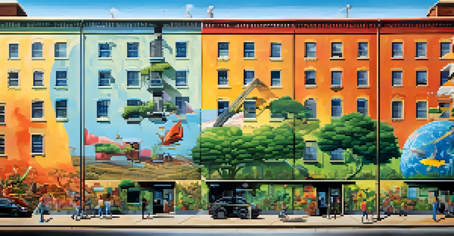 An educational mural contrasting a healthy environment with polluted landscapes, vibrant and engaging, set in a schoolyard.