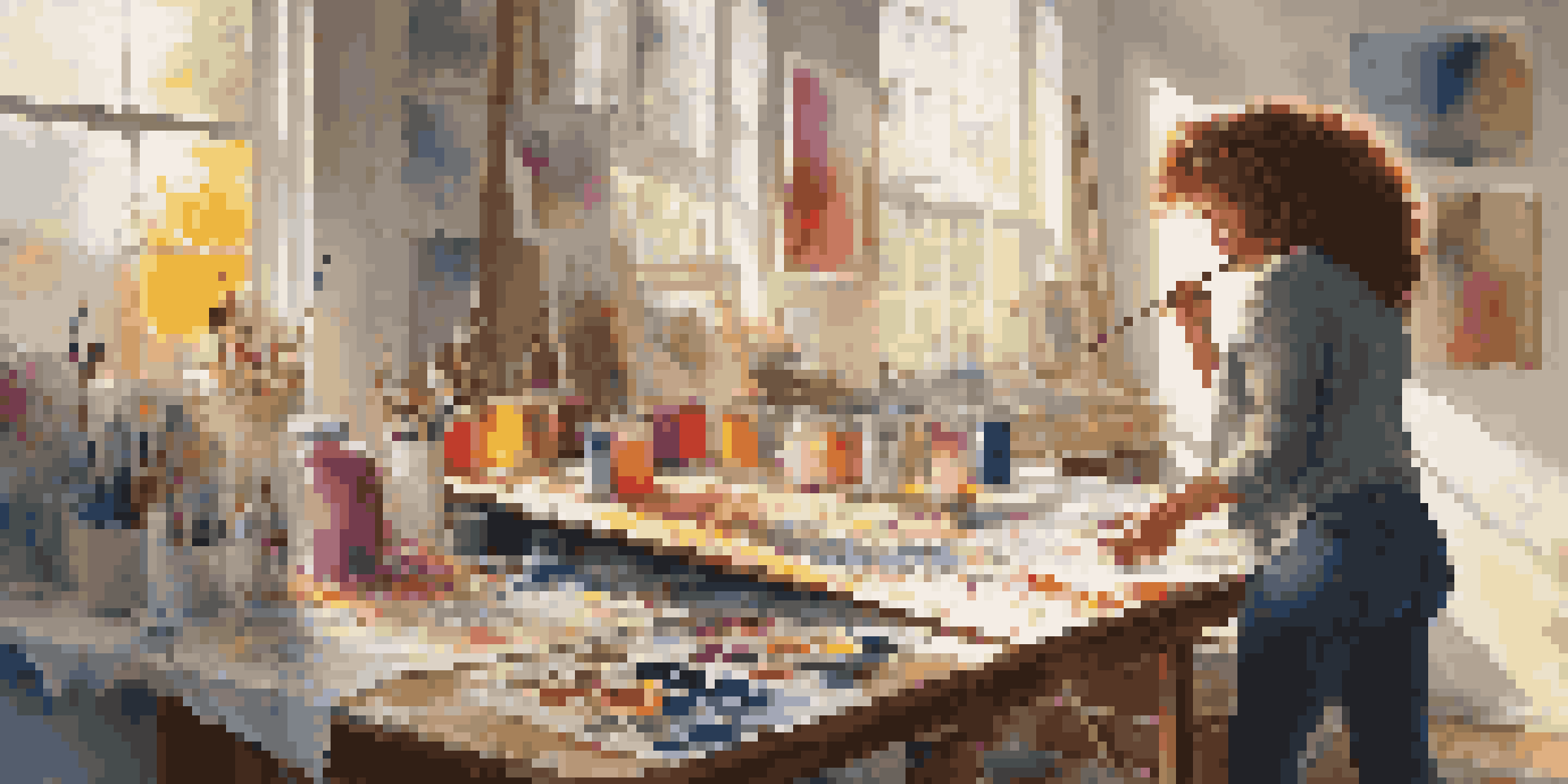 An artist painting in a colorful studio filled with art supplies and illuminated by sunlight.
