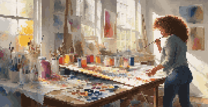 An artist painting in a colorful studio filled with art supplies and illuminated by sunlight.