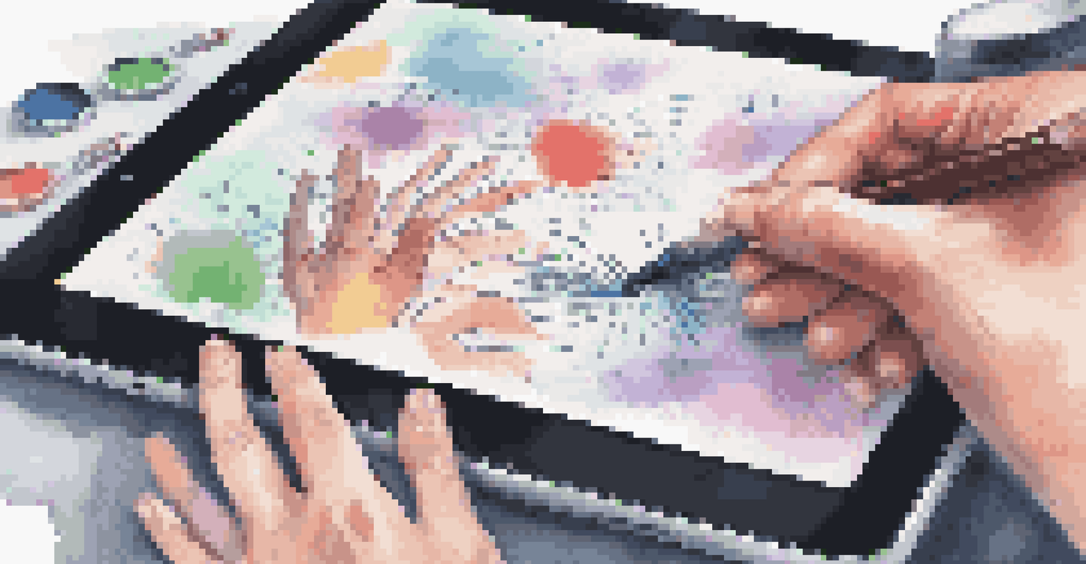 A close-up of an artist's hands on a tablet creating artwork about mental health awareness.