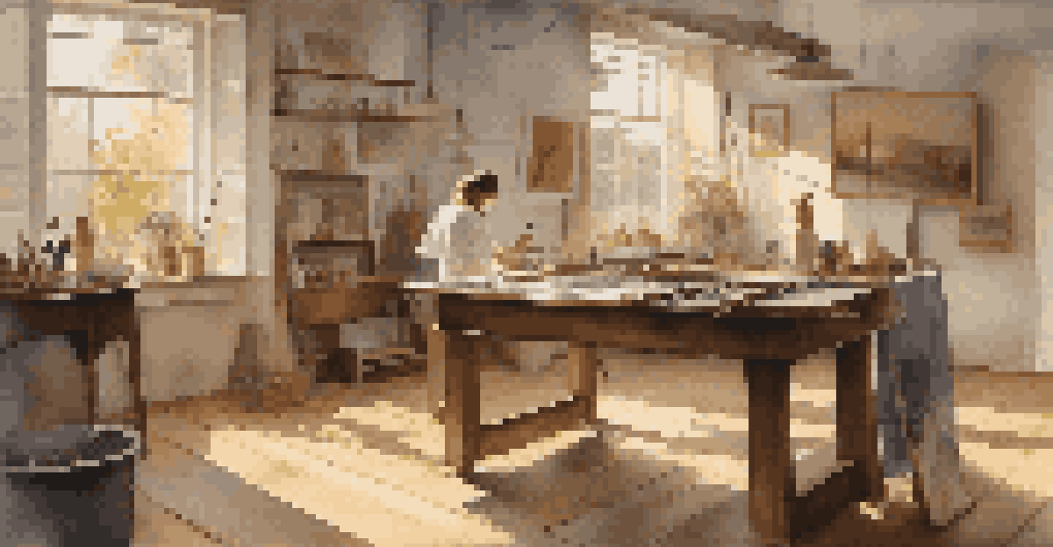 An artist working in a sunlit studio on a large canvas that depicts a historical scene, surrounded by art supplies.