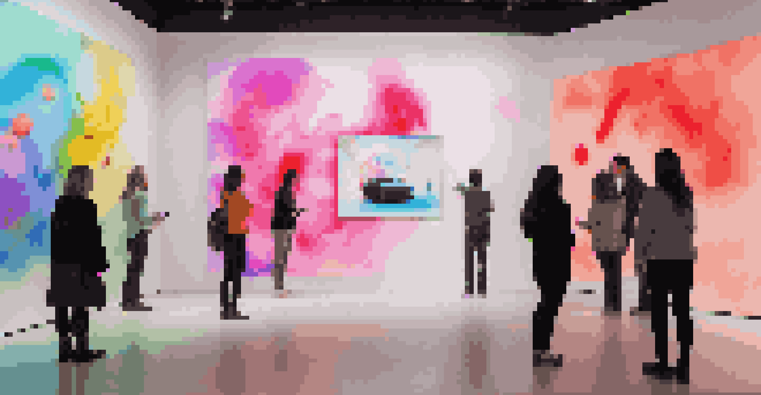 Visitors interacting with a digital art installation in a gallery, with colorful animations on a large screen.