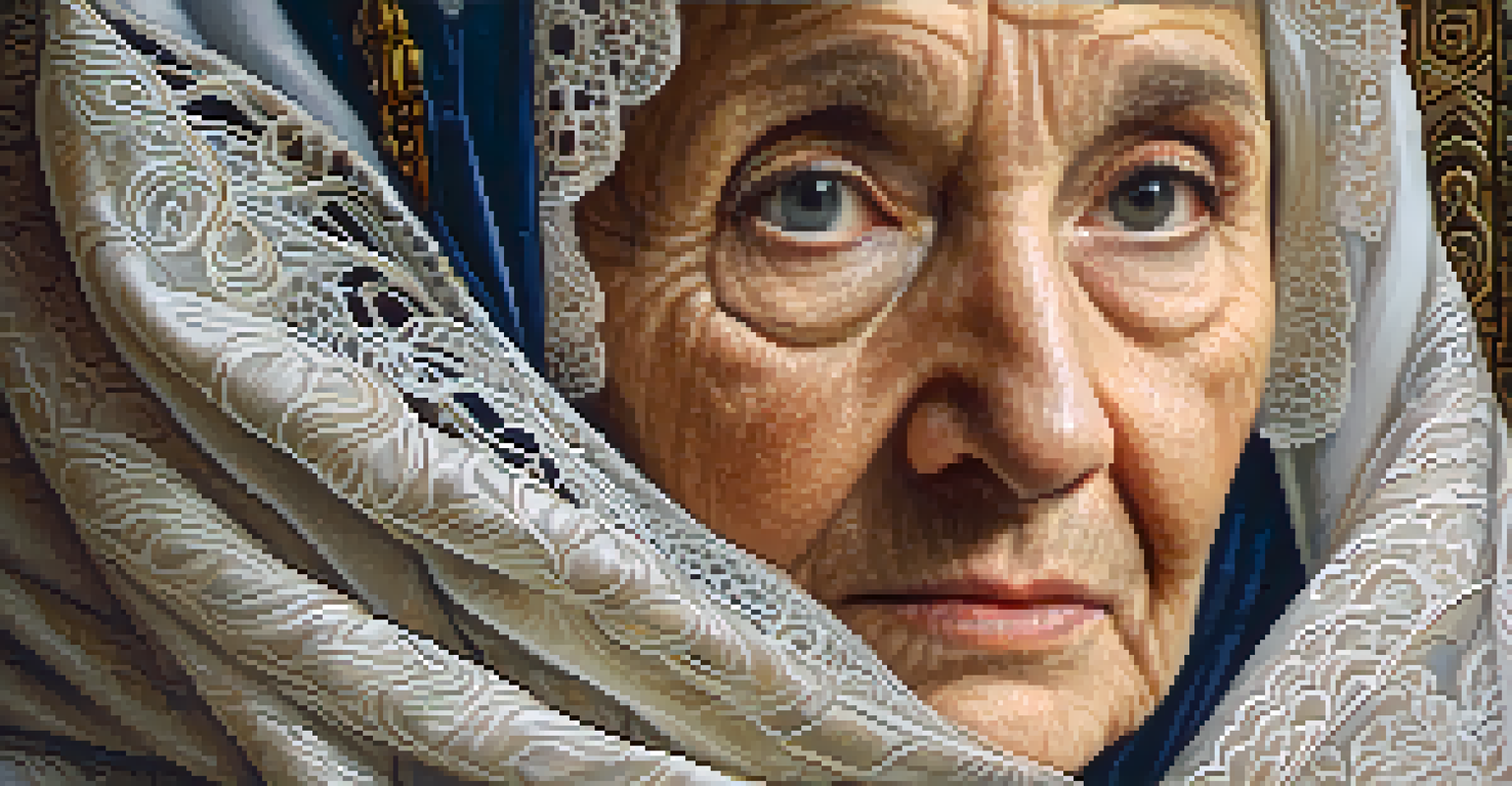 A close-up portrait of an elderly woman in a lace-adorned dress, with wise eyes and textured skin illuminated by warm light.